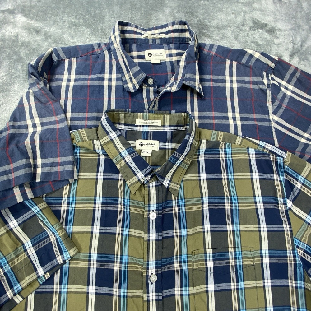 Lot Of 2 Haggar Collections Mens Shirt 2XL Plaid Short Sleeve Button-Up Casual